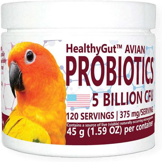 Equa Holistics HealthyGut Avian Probiotics front view of the forty five gram tub
