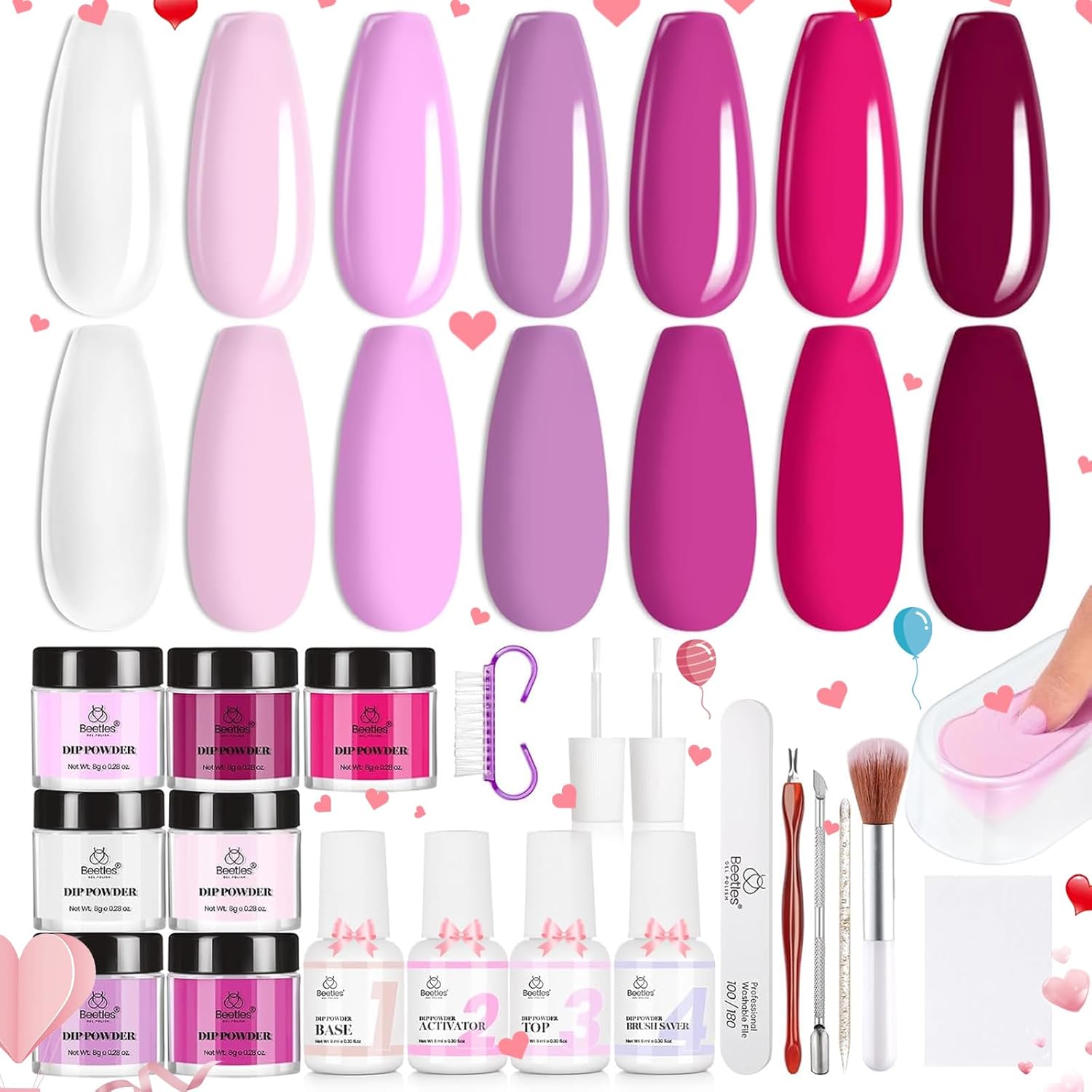 Beetles Pink Dip Powder Nail Kit with 7 color jars and liquid set for home manicures