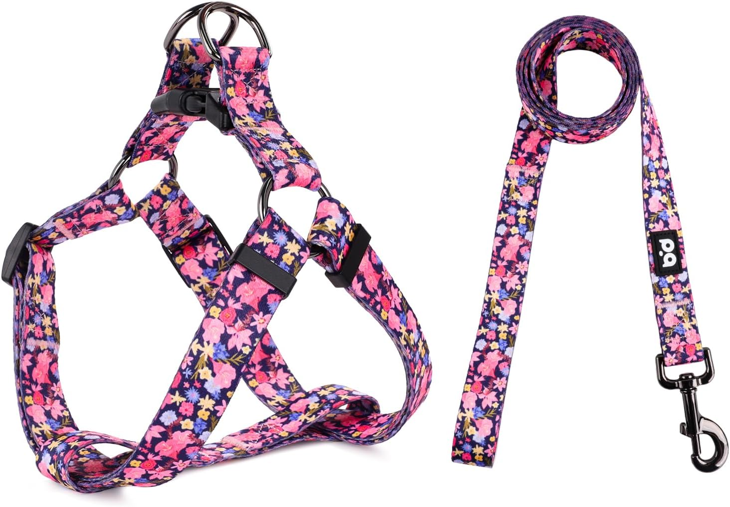 QQPETS dog harness and leash set with purple floral pattern front view