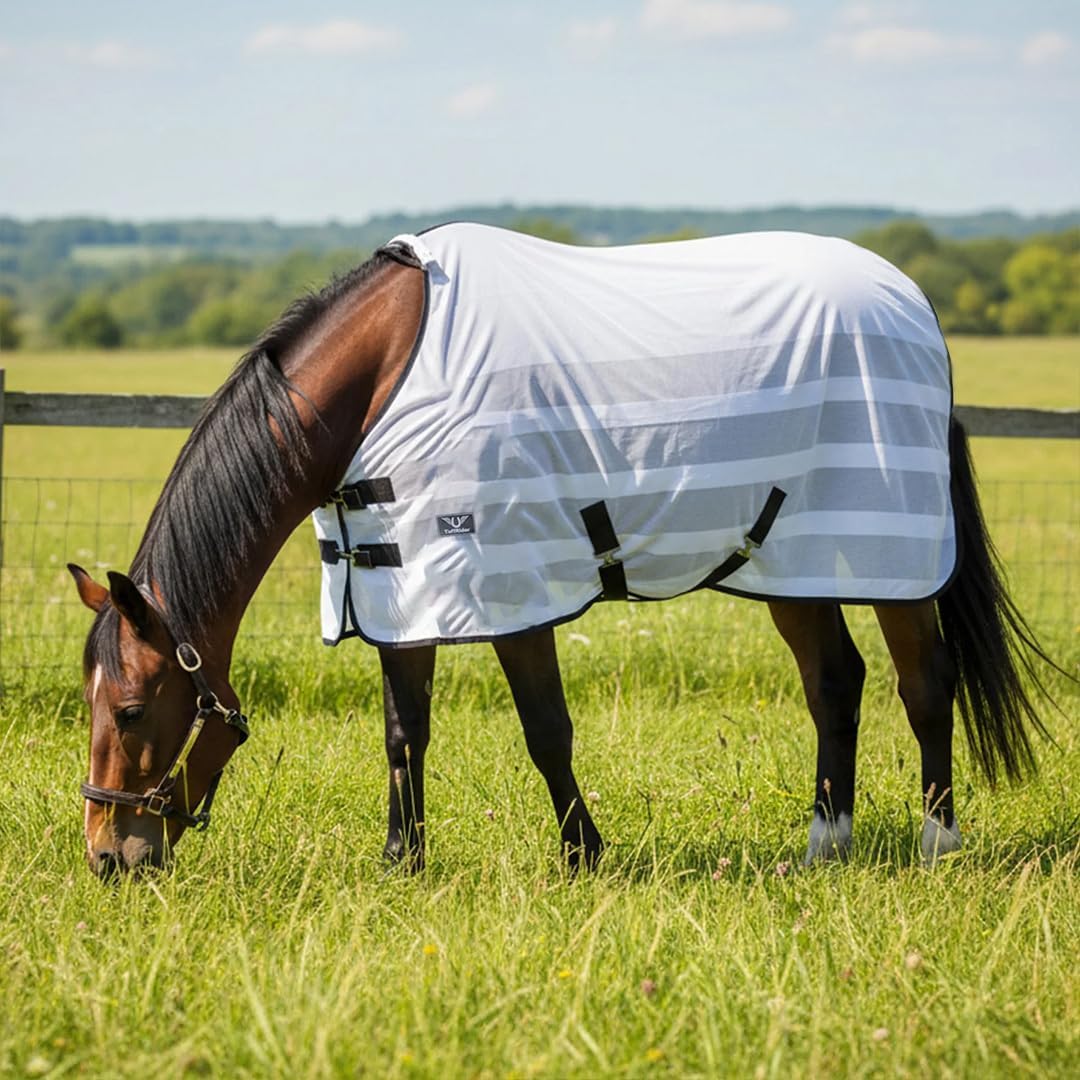 TuffRider Comfy Mesh Combo Neck Fly Sheet front view on horse