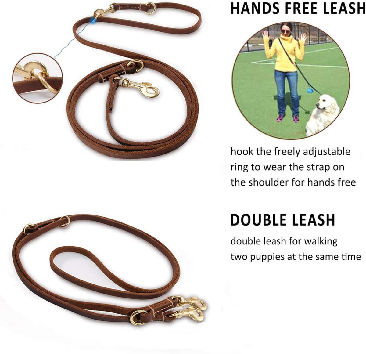 Guiding Star dual dog leather leash setup showing how to walk two dogs simultaneously.