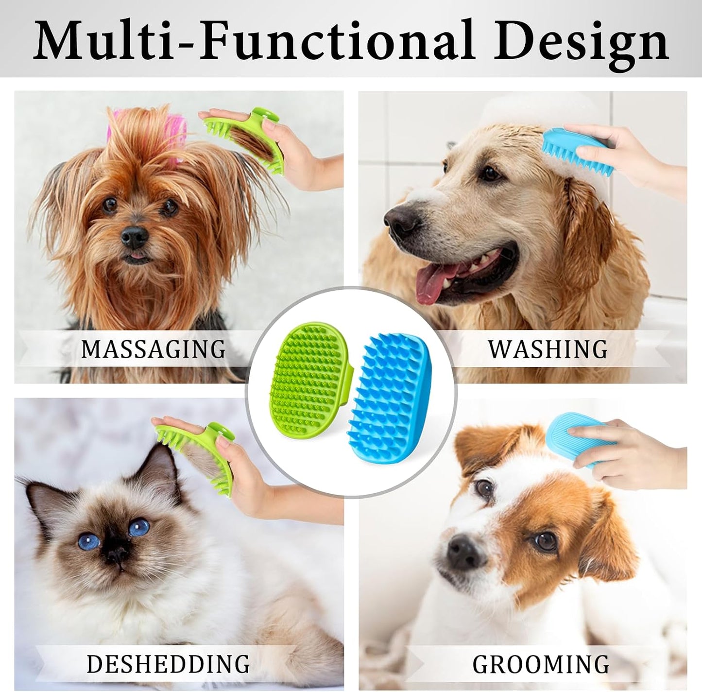 The green and blue pet grooming brushes displayed together highlighting the durable and flexible rubber design.