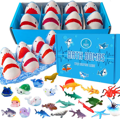 Kottke shark bath bombs for kids front view packaging box of eight multicolor bubble fizzies.