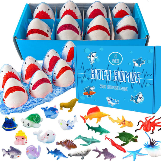 Kottke shark bath bombs for kids front view packaging box of eight multicolor bubble fizzies.