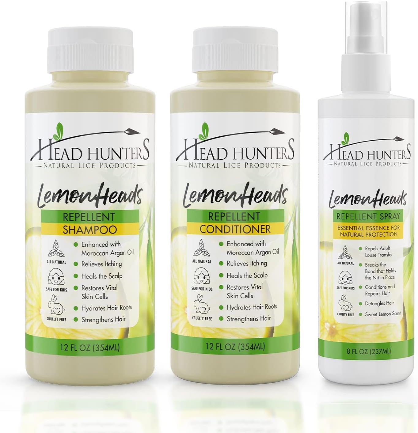 Head Hunters Natural Lemon Heads Lice Prevention Trio front view showing shampoo conditioner and spray bottles