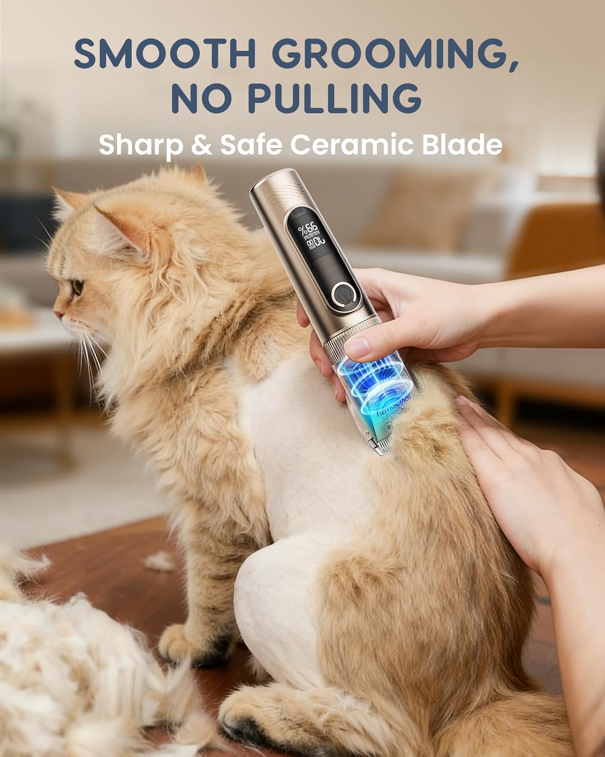 Close up of the adjustable stainless steel trimmer blades on the pet grooming shaver.