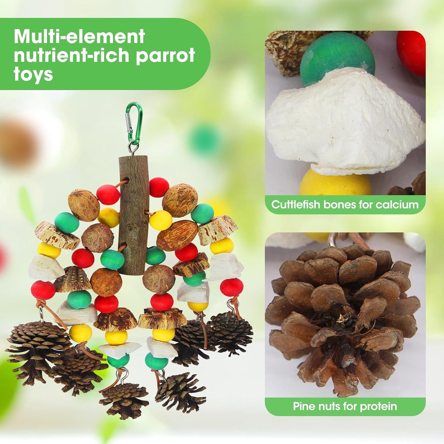 Multi level bird foraging toy showcasing the mango wood and carambola starfruit shapes