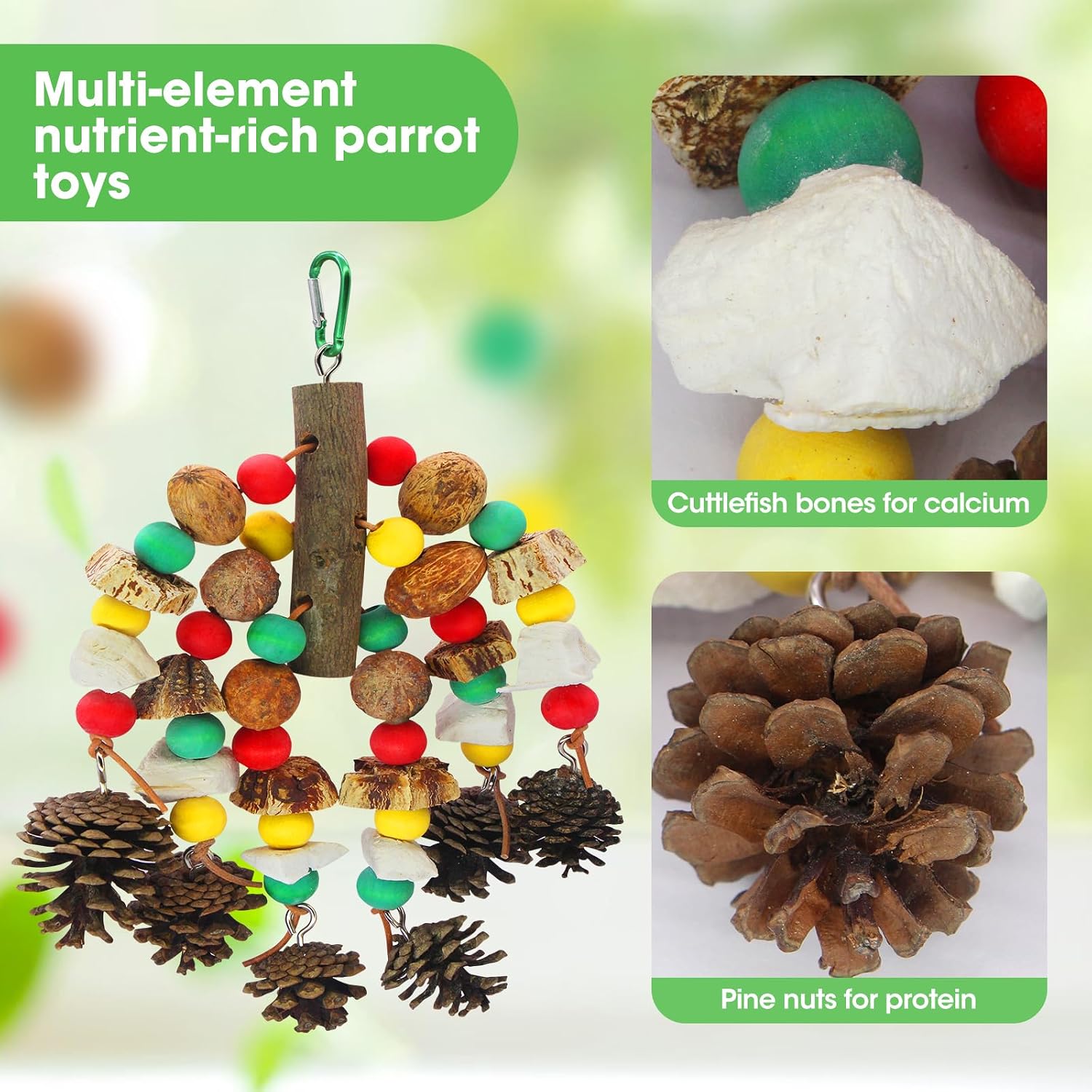 Multi level bird foraging toy showcasing the mango wood and carambola starfruit shapes