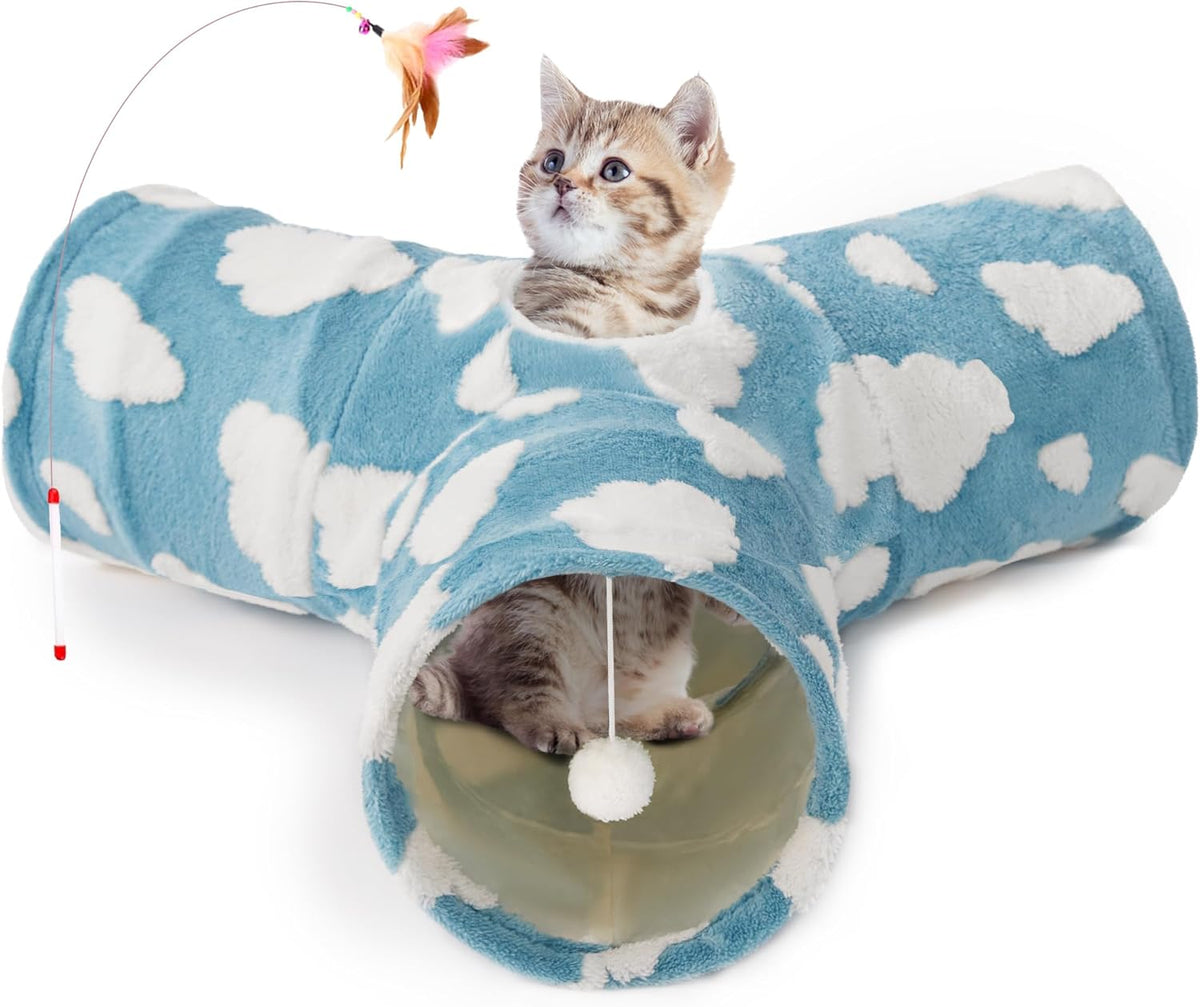 Tempcore Pet Cat Tunnel Tube Toys 3 Way Collapsible, Tunnels for Indoor Cats, Interactive Tube with Teaser Wand, Peek Holes & Hanging Ball, Black & Blue - Image 15