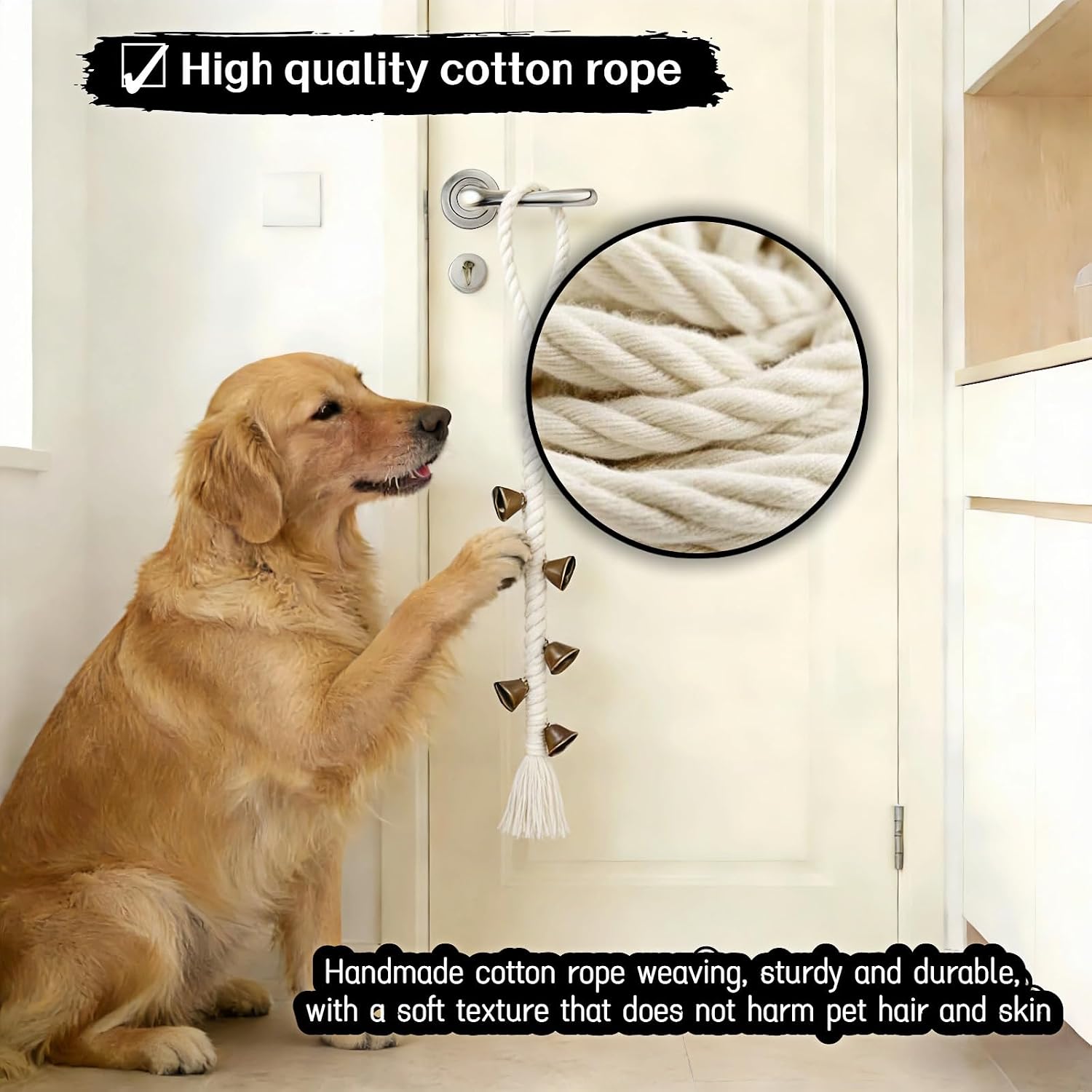 Dog Doorbell for Potty Training with 6 Extra Loud Bells - Handmade Cotton Rope Adjustable Hanging Pet Bell, Indoor/Outdoor Use for Small Medium Large Dogs (Beige/Bronze Tone) - Image 9