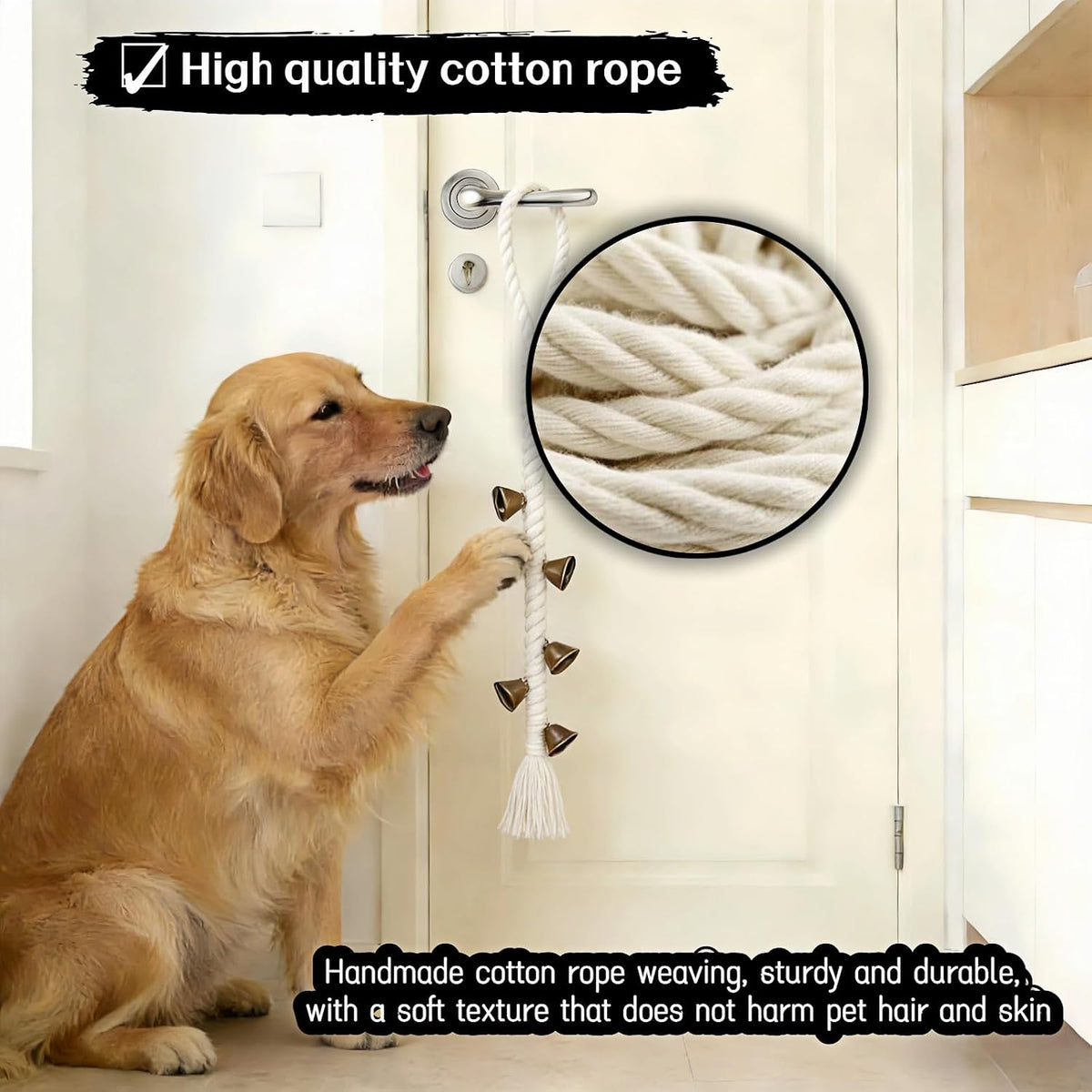 Dog Doorbell for Potty Training with 6 Extra Loud Bells - Handmade Cotton Rope Adjustable Hanging Pet Bell, Indoor/Outdoor Use for Small Medium Large Dogs (Beige/Bronze Tone) - Image 9