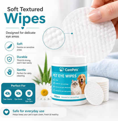 CarePets tear stain remover wipes packaging showing instructions for safe pet grooming.