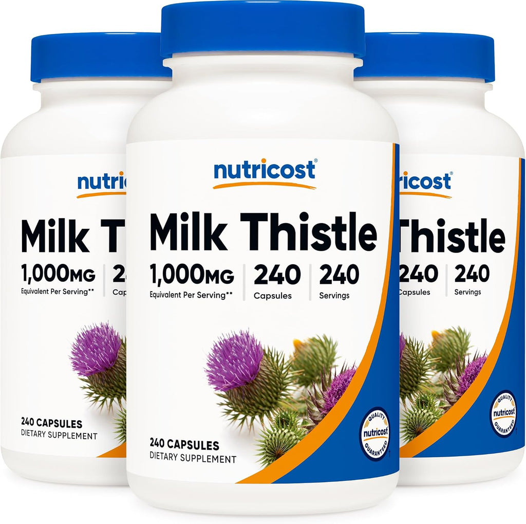 Complete view of the 240 count Nutricost milk thistle extract packaging.