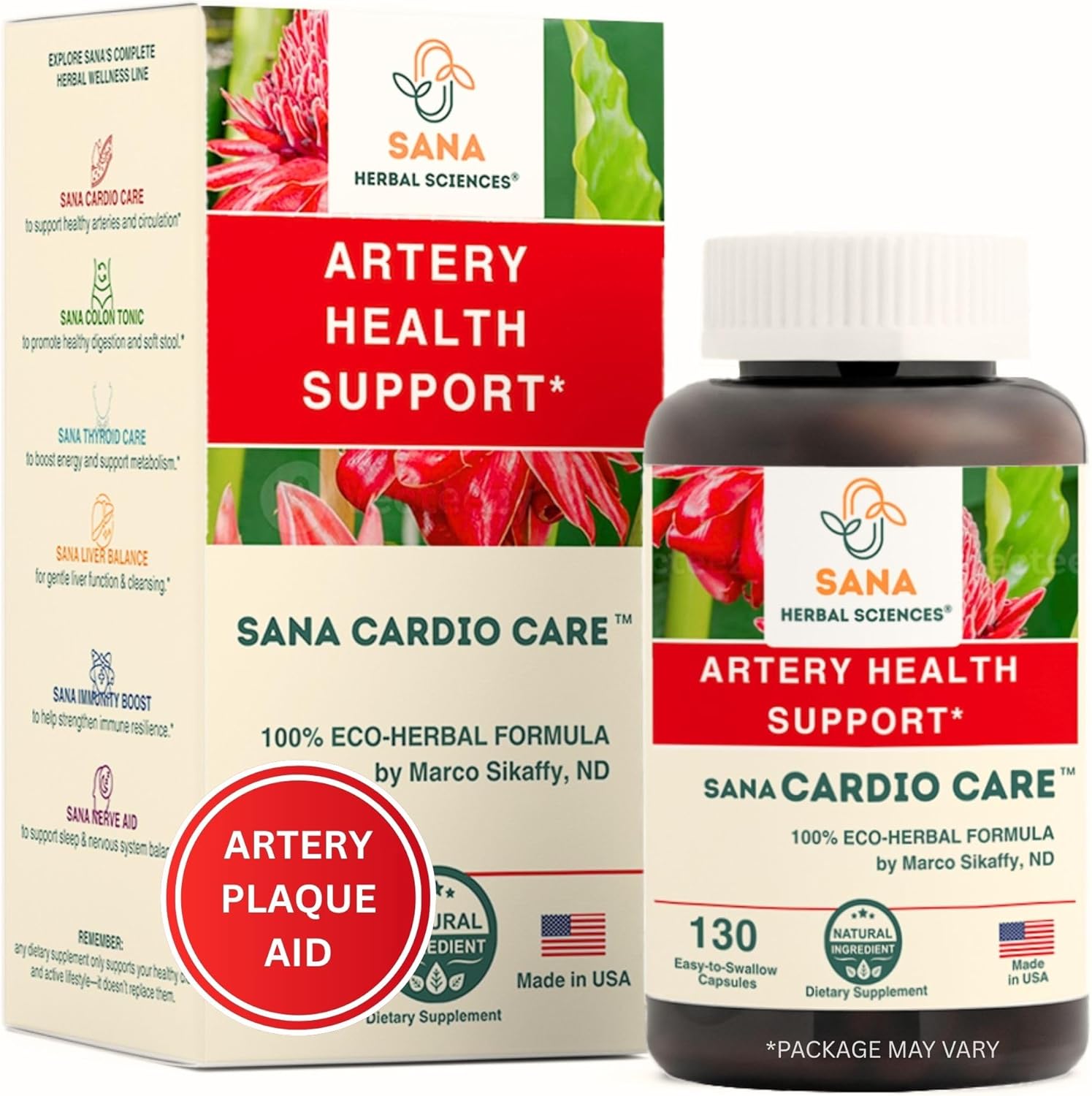 Sana Herbal Sciences Artery Plaque Removal Formula front view bottle for natural heart health support.