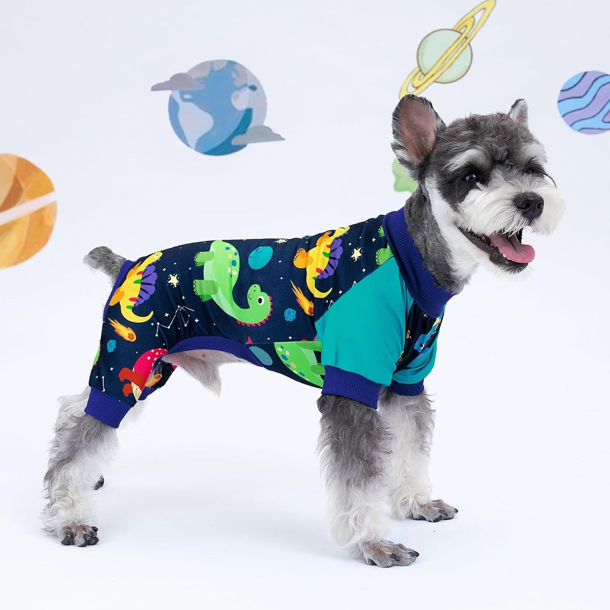 Four pack of space patterned small pet onesies displayed flat