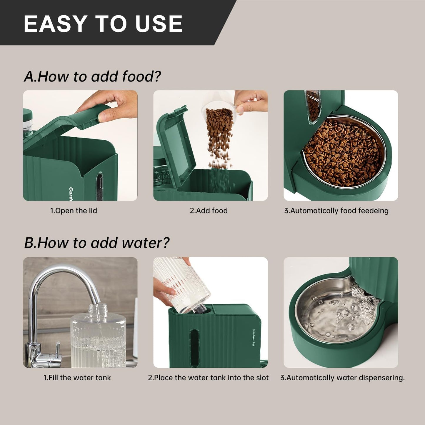 Gardner Pet green gravity pet waterer featuring the built-in water filtration system.
