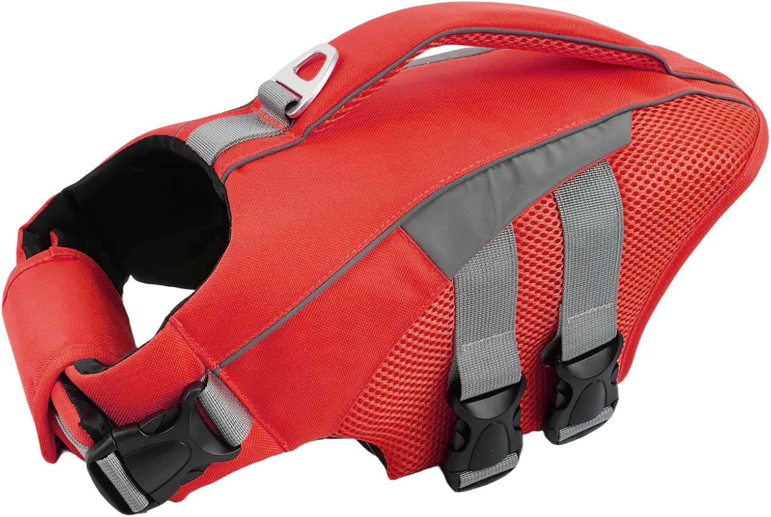 IECOii dog life jacket front view showing the bright red ripstop fabric and reflective strips.