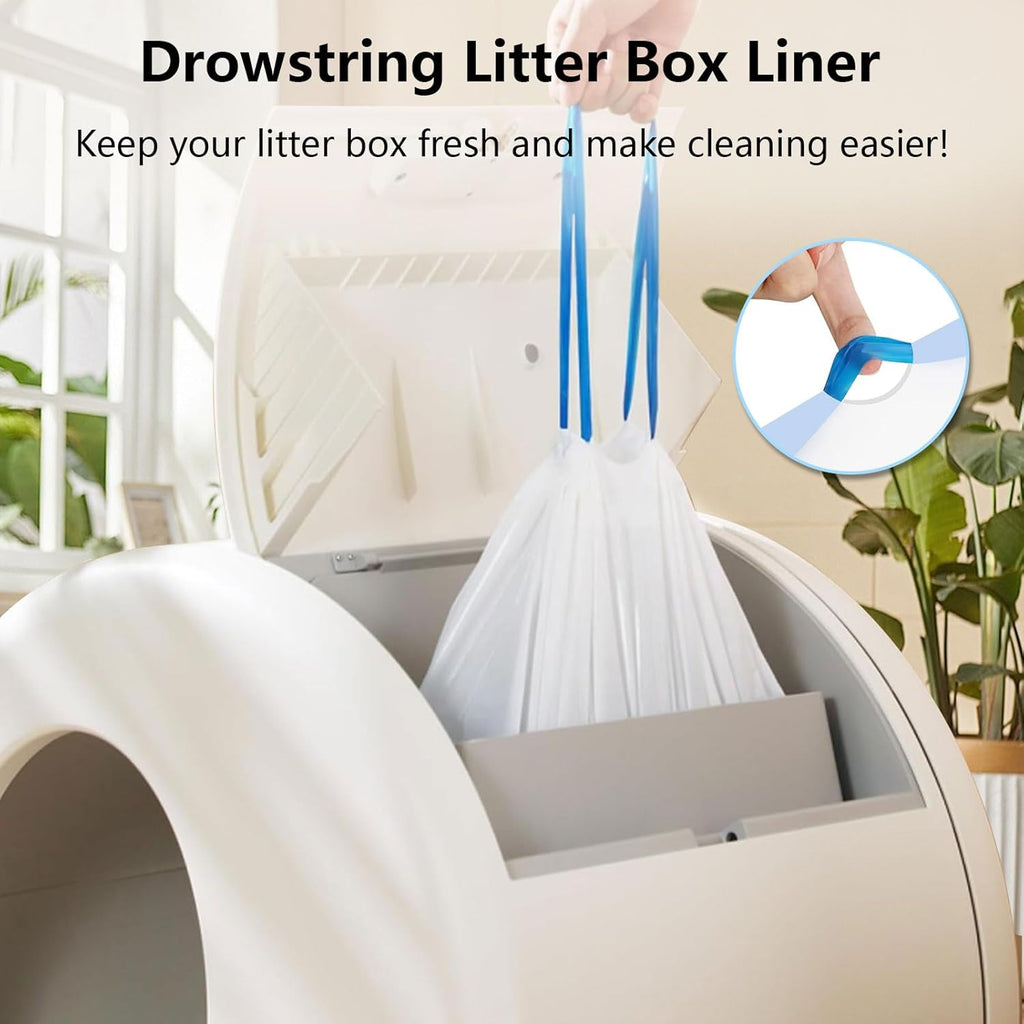 Thick drawstring replacement cat litter bags being pulled out of a box.