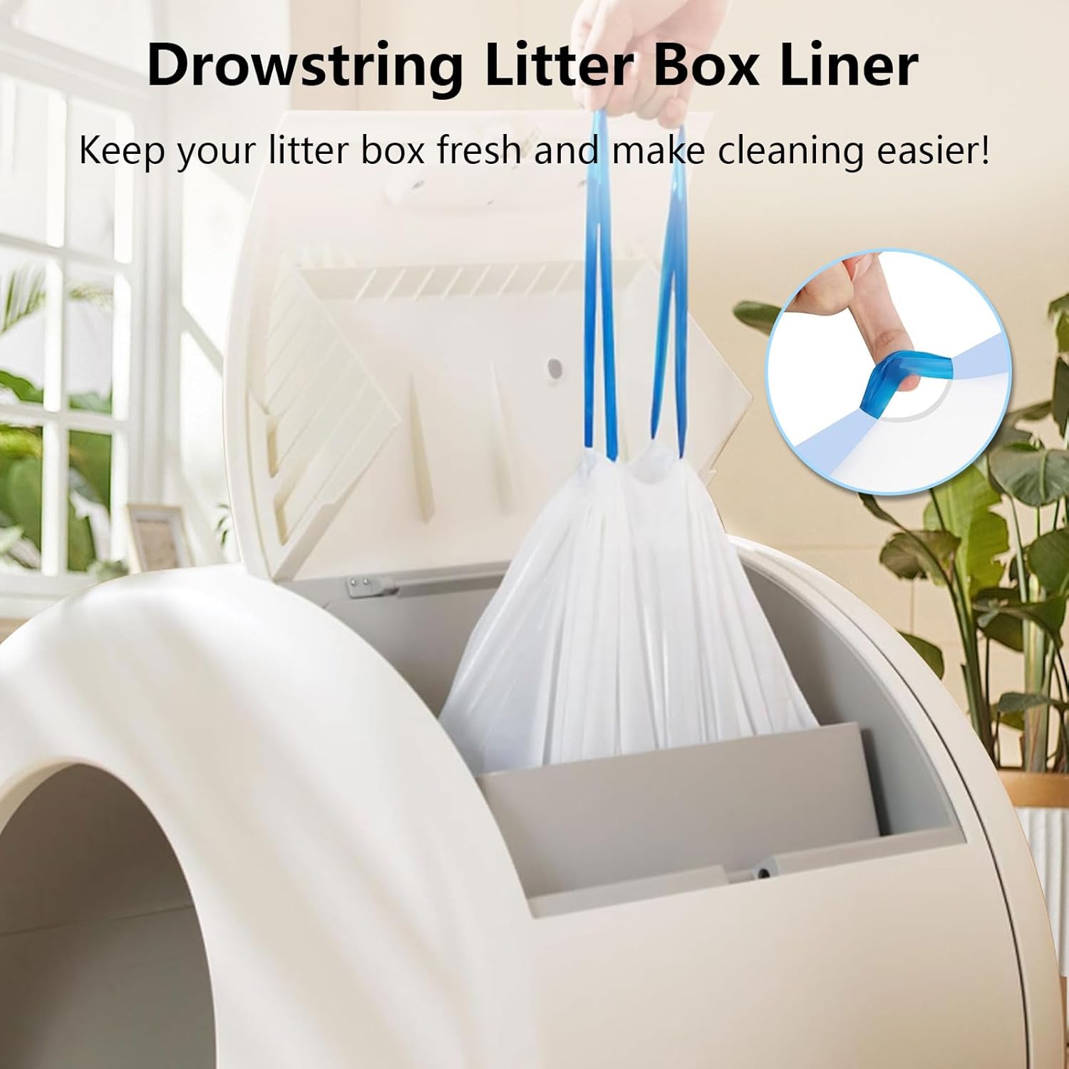 Thick drawstring replacement cat litter bags being pulled out of a box.