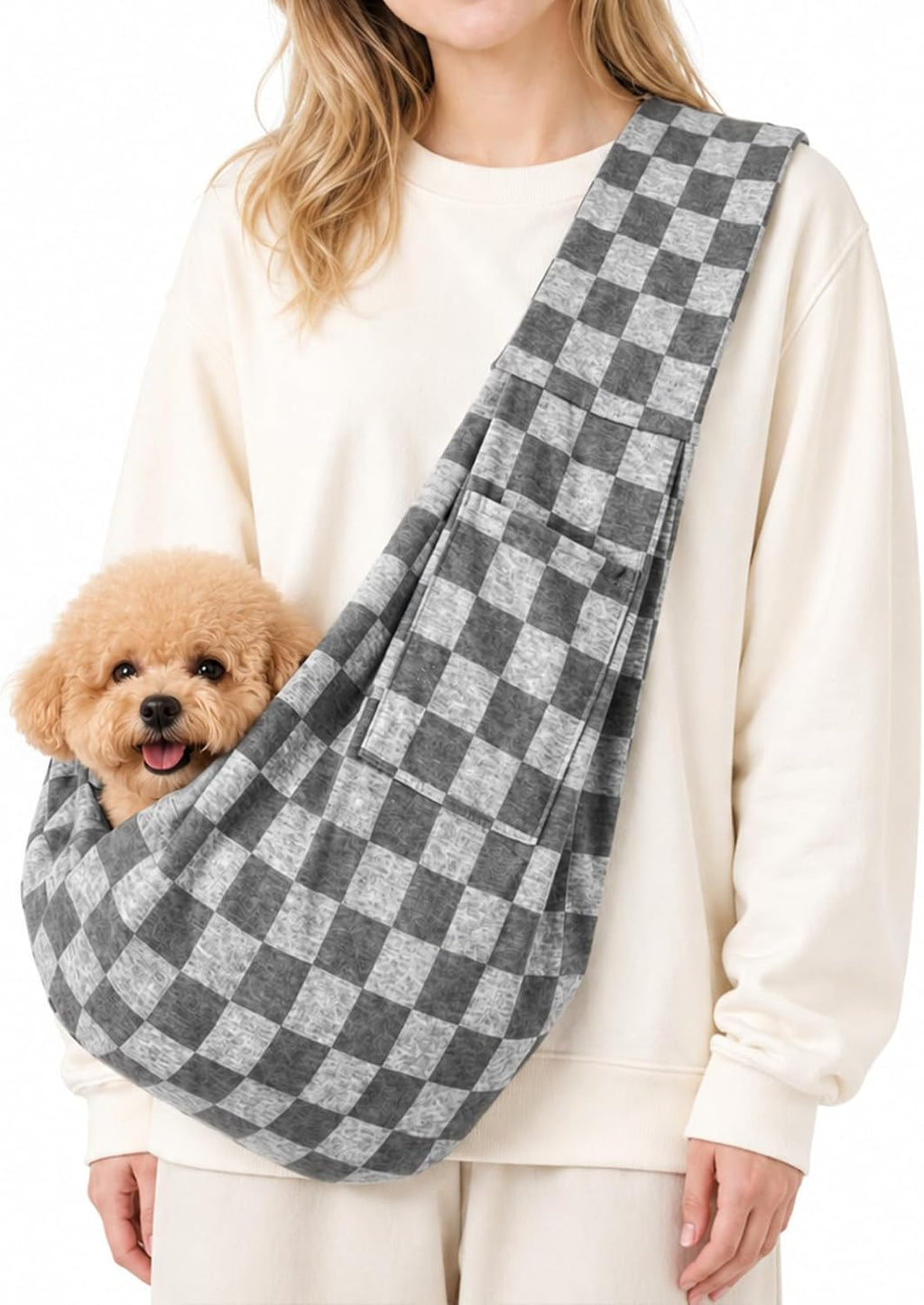 Dog Sling Carrier for Small Dogs and Cats 5-16 lbs, Puppy Carrier Sling with Safety Hook and Storage Pocket, Hands Free Pet Carrier Purse for Travel, Walking, Shopping (Ebony Check) - Image 12