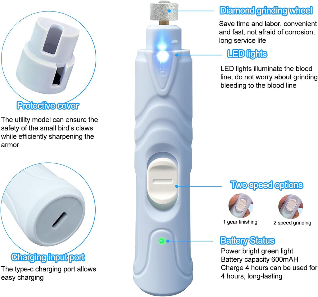 Close up of LUKHMELF electric bird nail file ports.