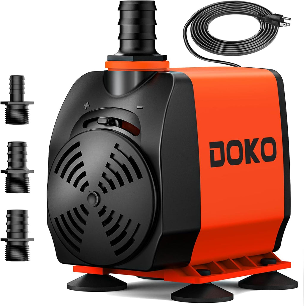 DOKO 800GPH submersible water pump front view showcasing the orange and black design and front flow control valve.
