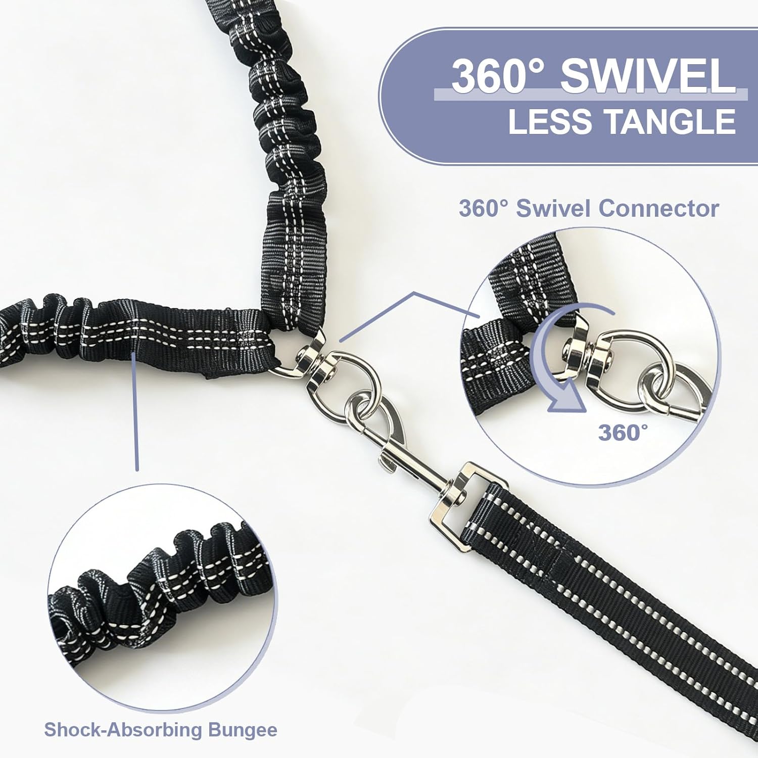 PUEENOD two pet coupler highlighting the adjustable splitter leads and premium elastic shock-absorbing bungees.