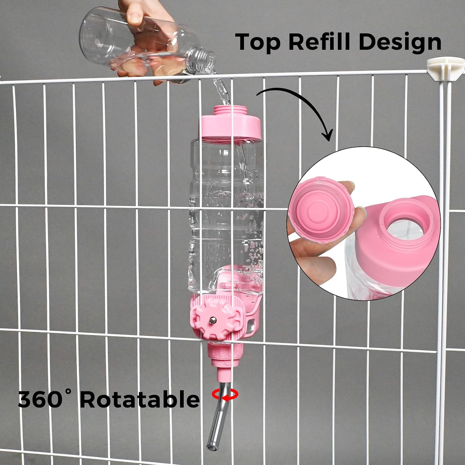 Vannon Dog Water Dispenser for Cage, 34oz Auto Feeding Crate Water Bottle for Dogs, Cats & Rabbits, Pet Nozzle Diameter: 12mm, BPA Free, Pink - Image 9