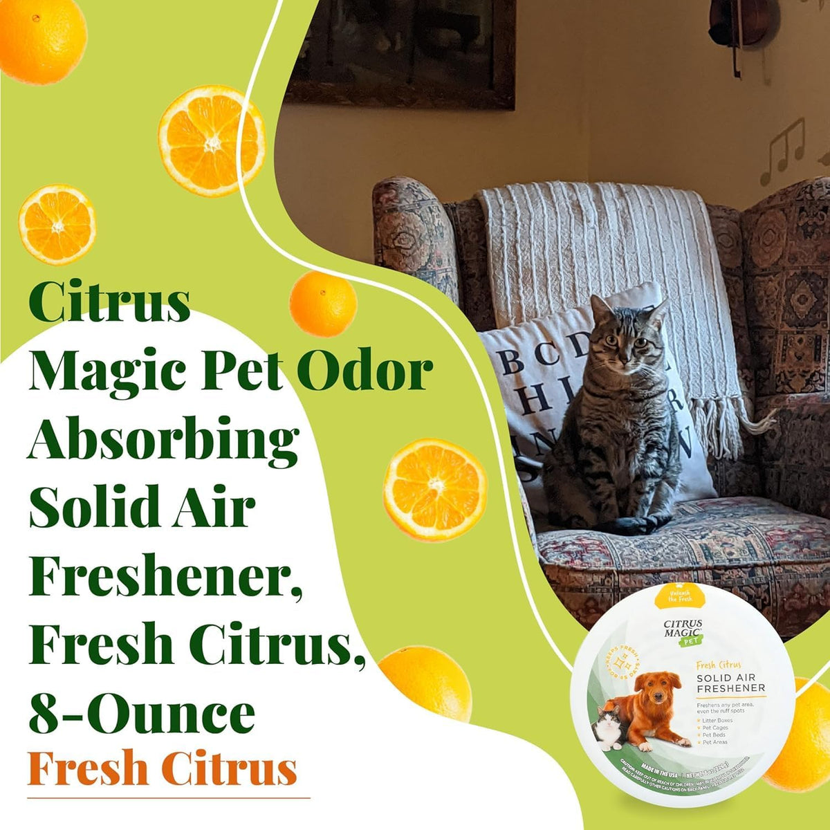 Citrus Magic pet supplies solid freshener eight ounce container close up view.