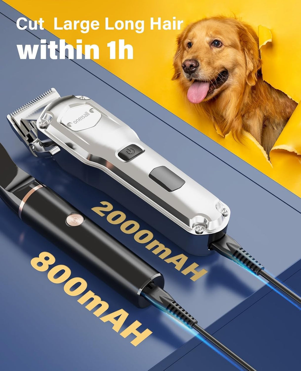 Oneisall quiet electric dog razor close up on stainless steel trimming head