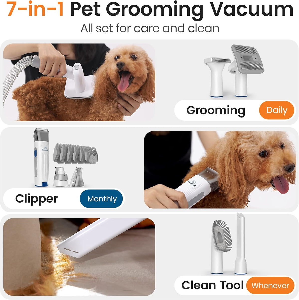 Oneisall 7-in-1 pet care kit attachments including deshedding brush and cordless clipper tool