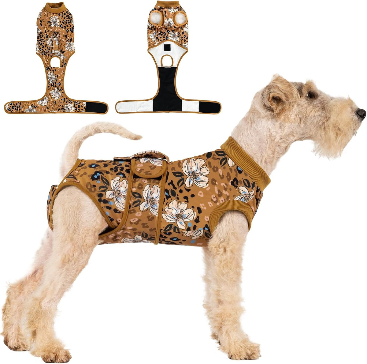 Side view of female male dog onesie demonstrating full mobility and comfort