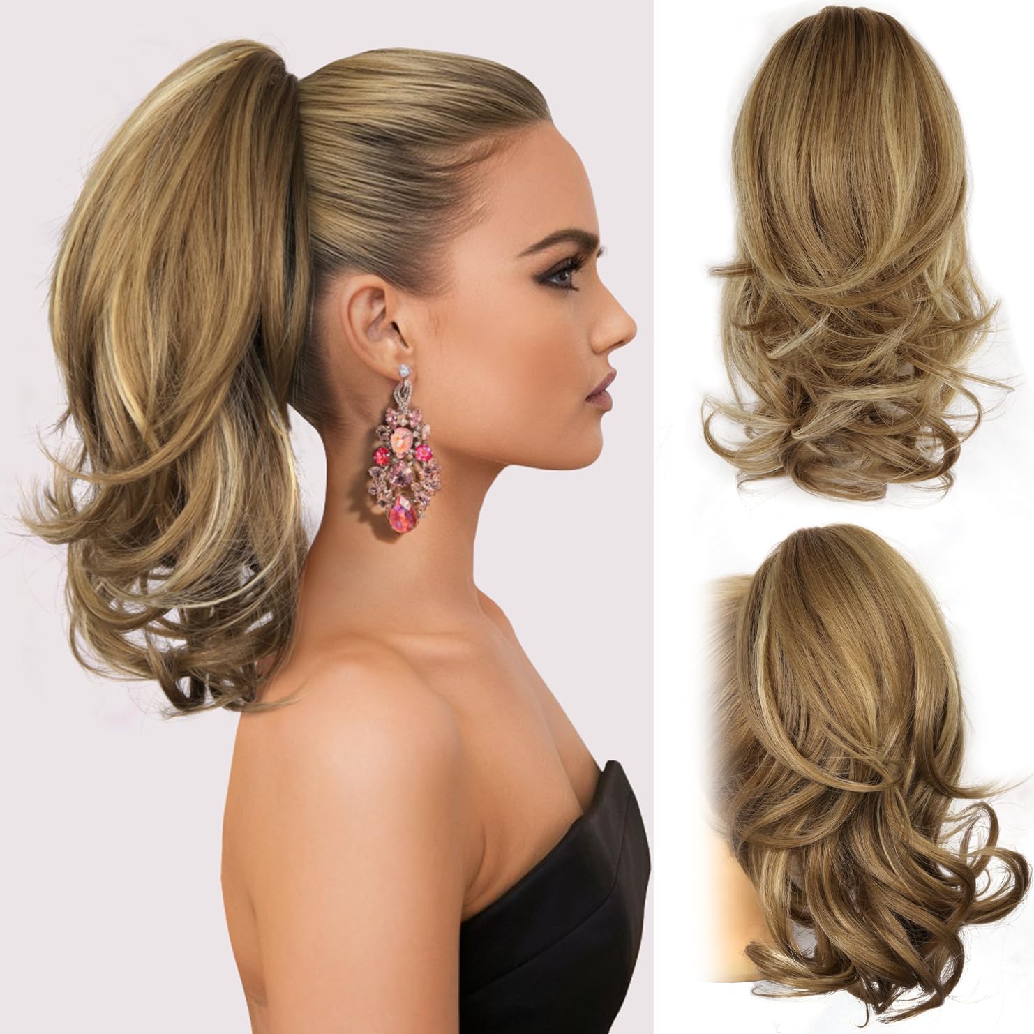 ZQIAN BEAUTY 14 Inch Wavy Ponytail Extension front view showing light brown and beige highlights hairpiece.