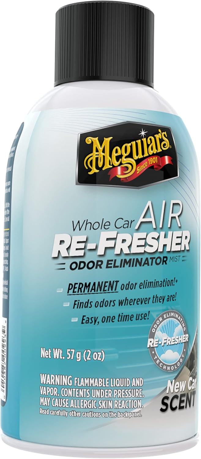Meguiar's Whole Car Air Re-Fresher front view showing the aerosol can packaging for permanent odor removal.