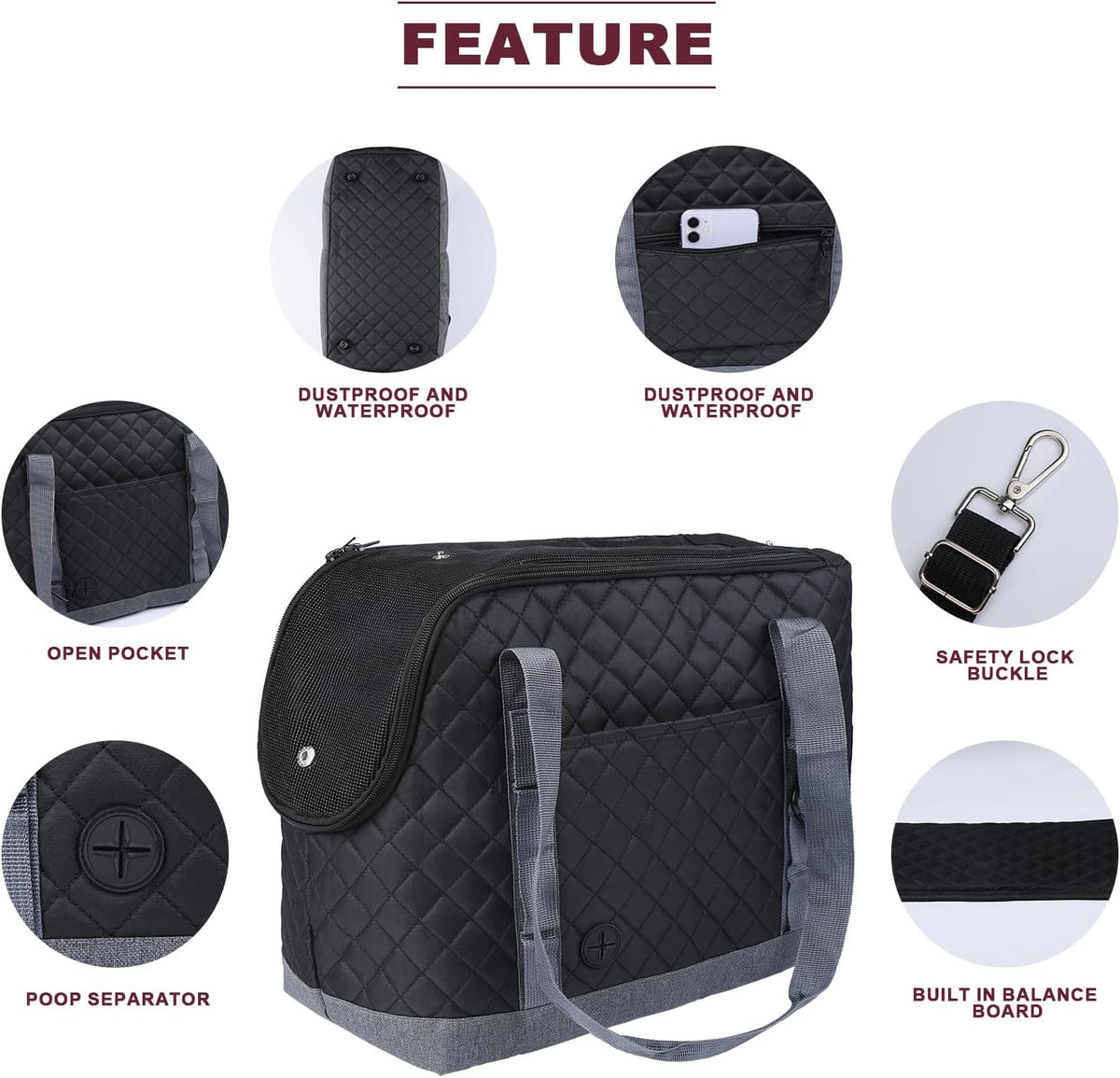Black dog carrying bag with storage pockets