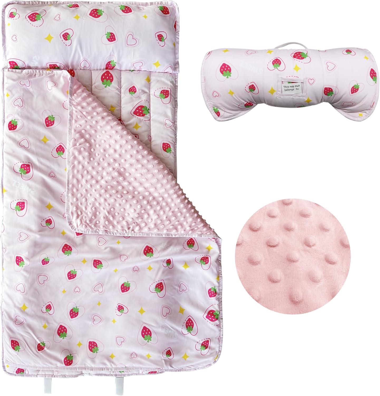Googgoing Toddler Nap Mat front view unrolled showing pink strawberry print and soft minky blanket interior