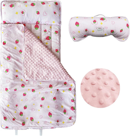 Googgoing Toddler Nap Mat front view unrolled showing pink strawberry print and soft minky blanket interior