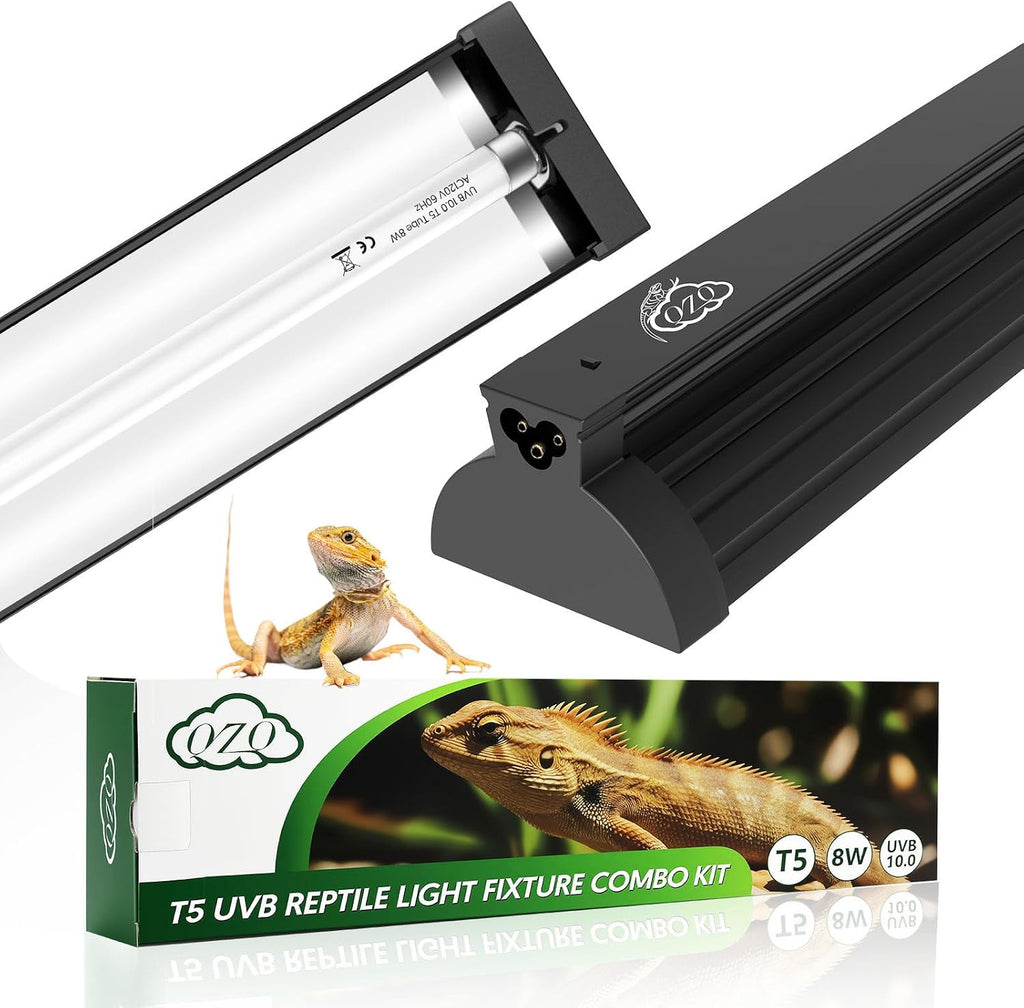 QZQ T5 UVB Reptile Light Fixture Combo Kit front view showing the sleek black aluminum housing.