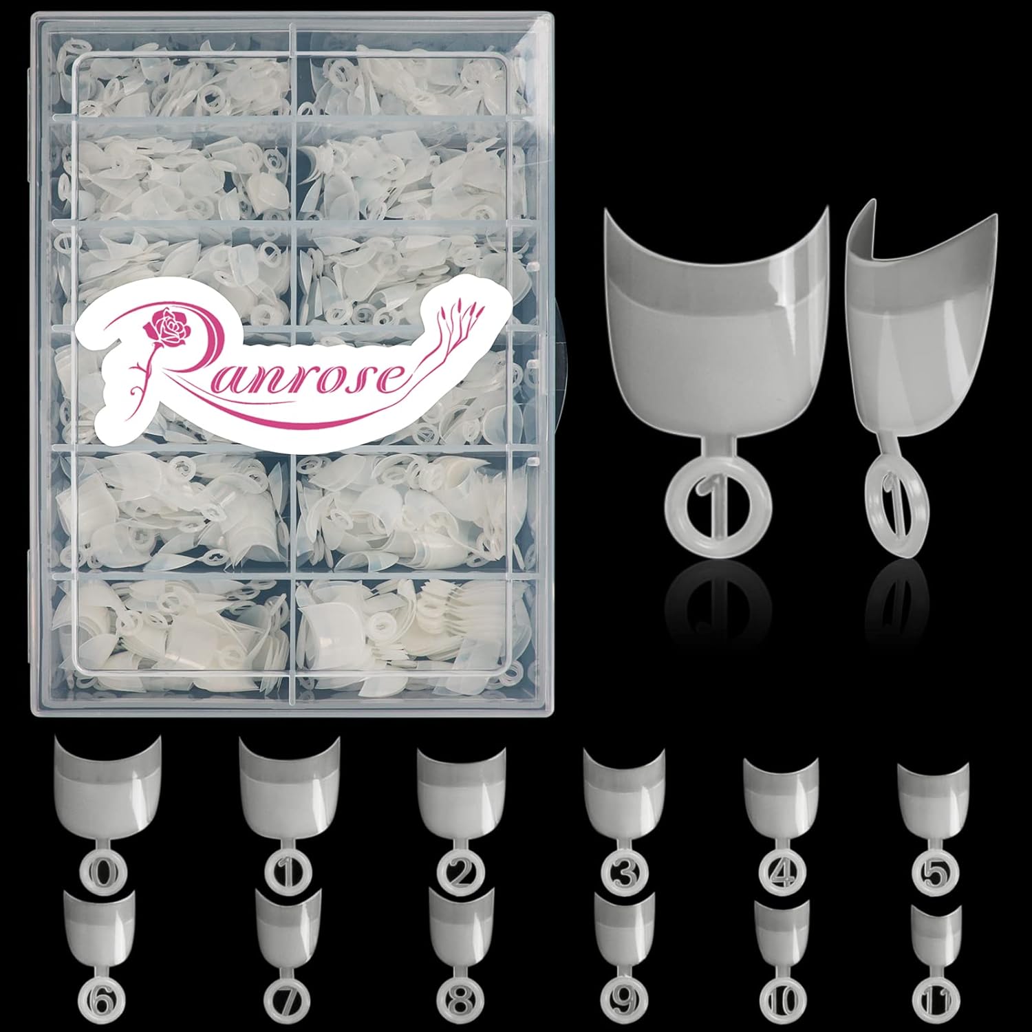 Ranrose short oval nail tips in a 600 piece organized transparent storage box acrylic nails fake nails