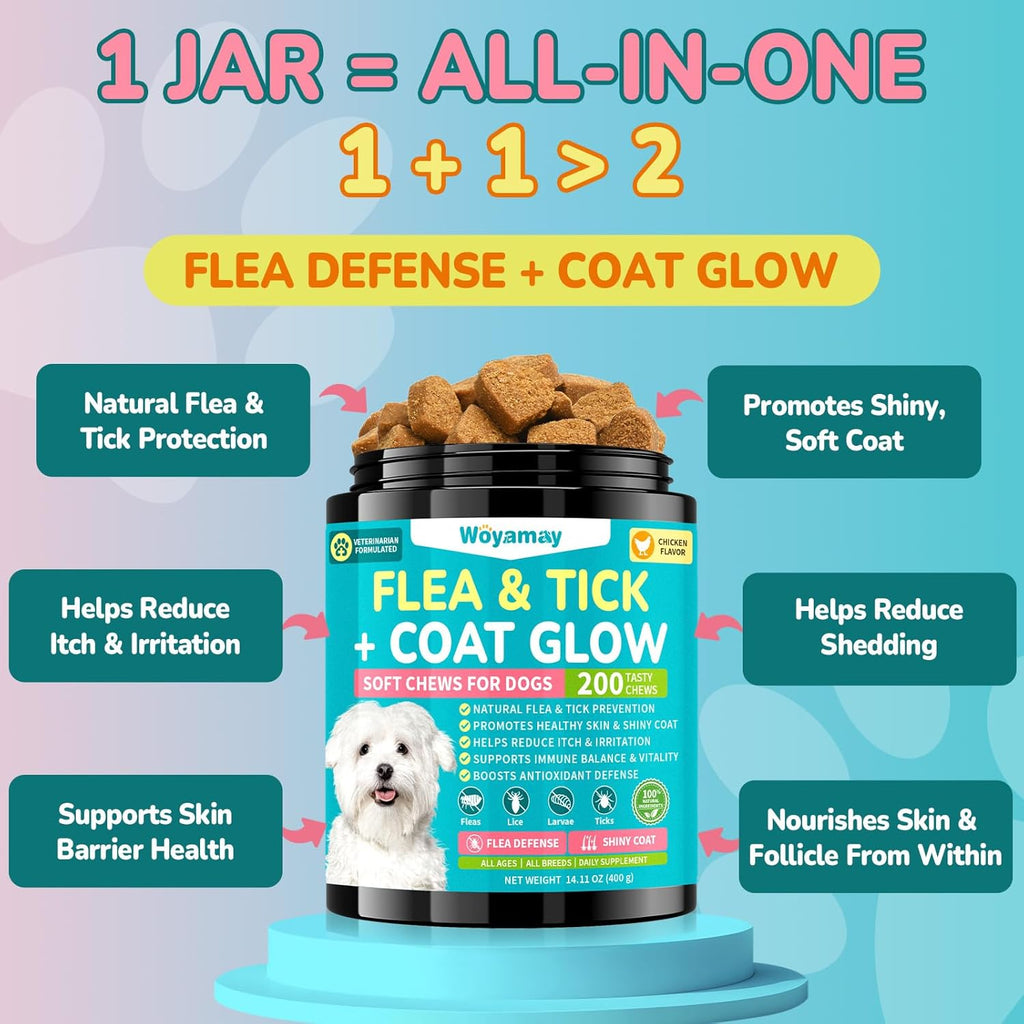 Woyamay natural flea plus coat glow dog chews chicken flavor supplement