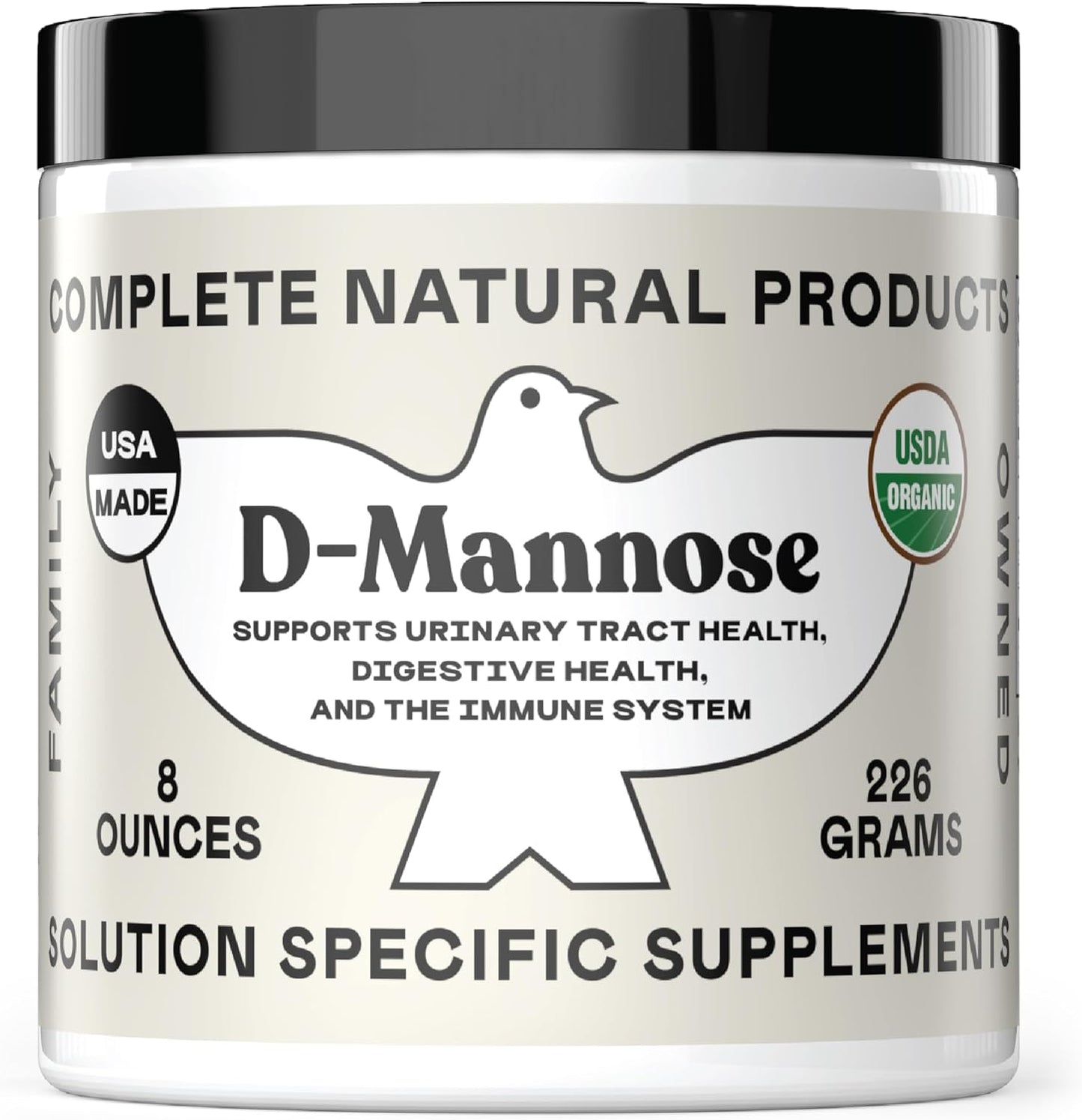 Complete Natural Products Organic D-Mannose Powder front view of the jar showing 2000mg dosage label