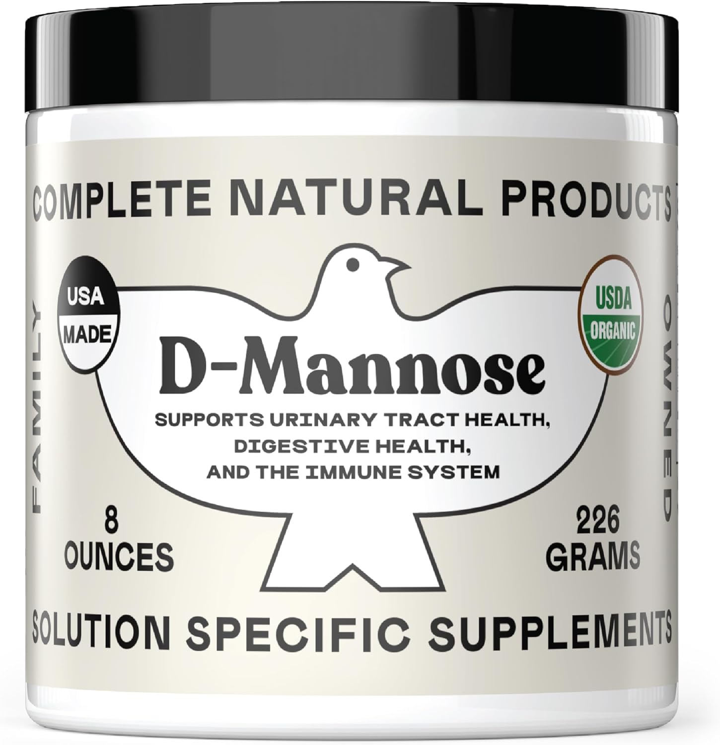 Complete Natural Products Organic D-Mannose Powder front view of the jar showing 2000mg dosage label