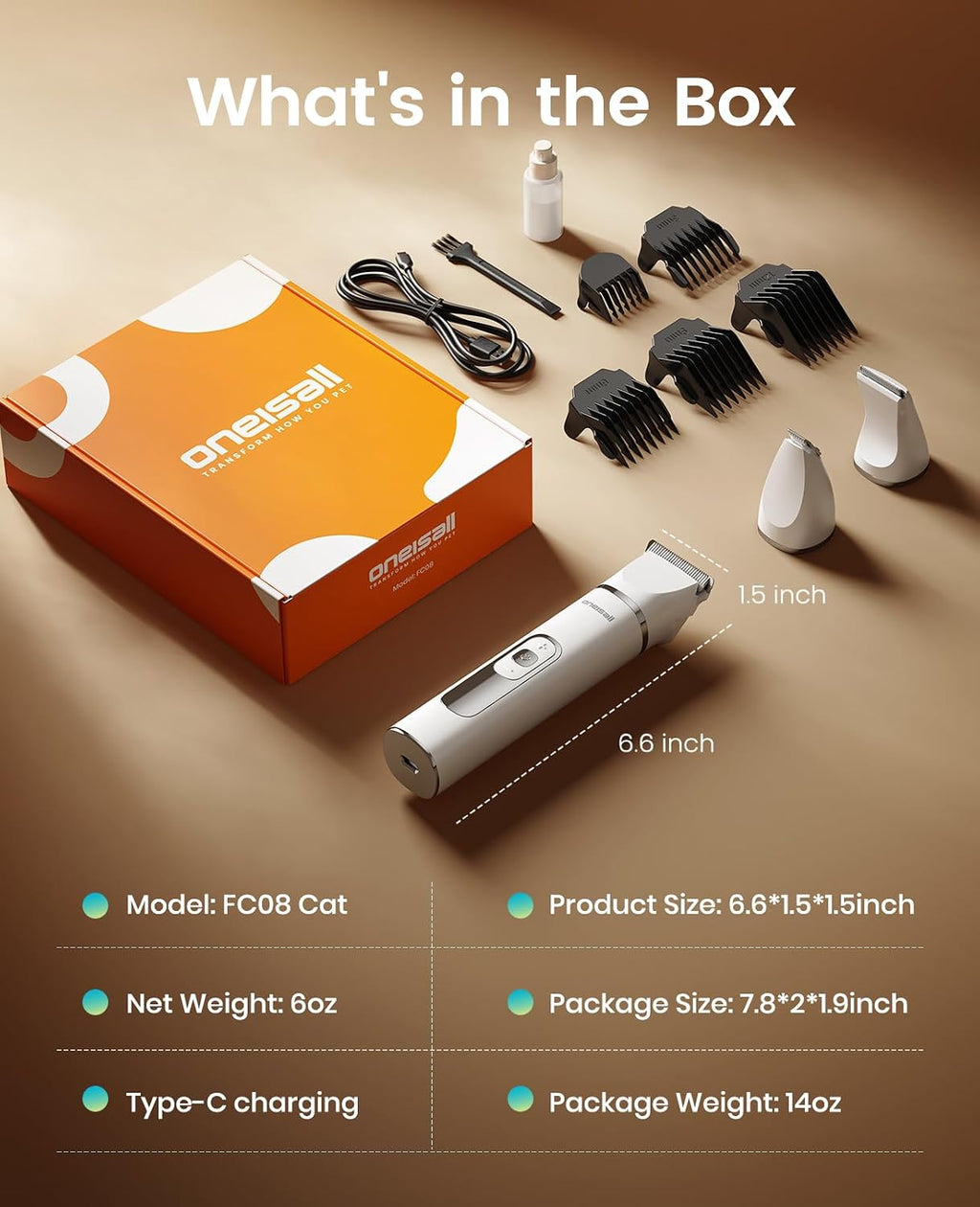 Complete retail packaging contents including guide combs and charging cable for the professional pet kit.