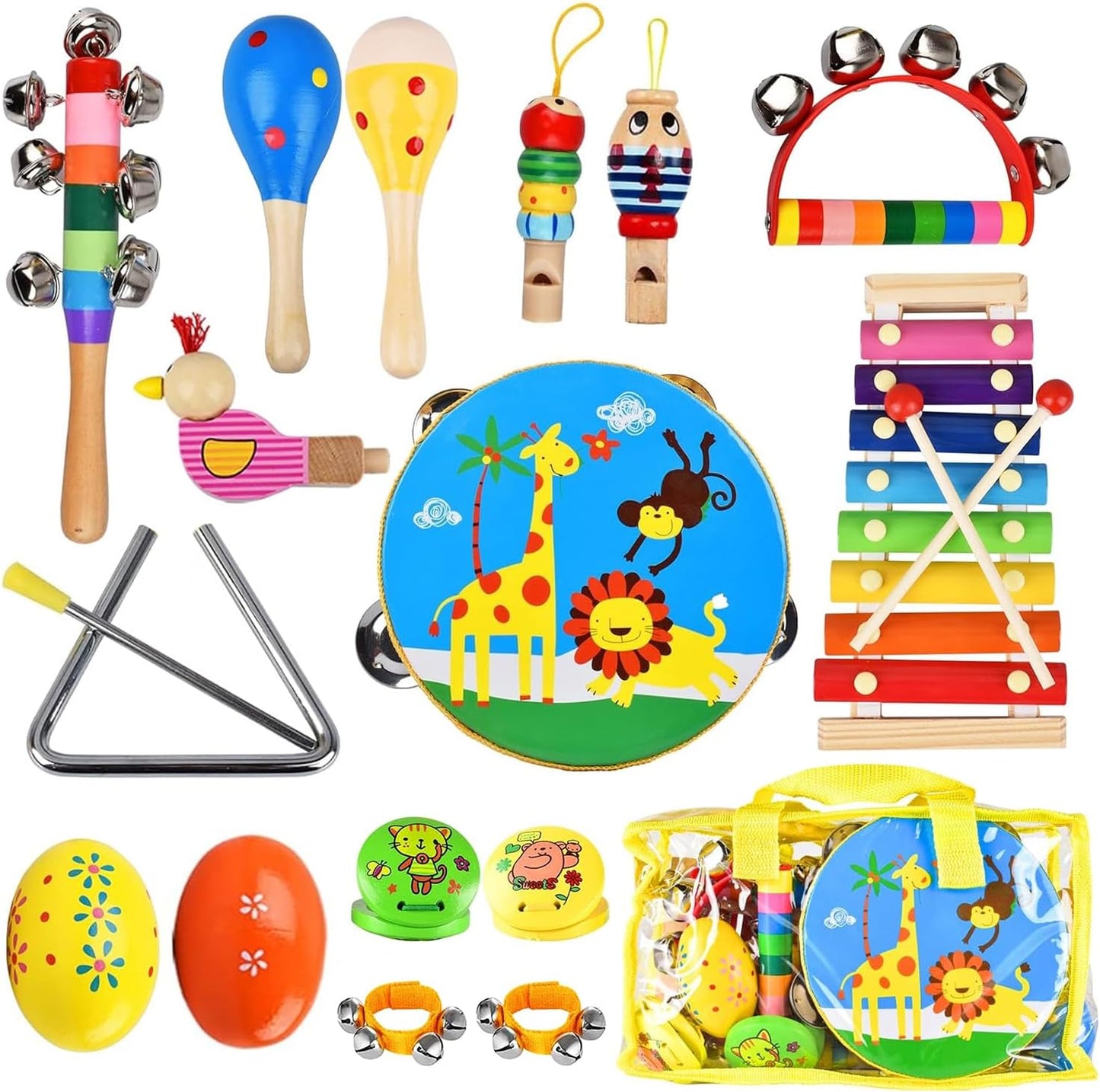 INLAIER kids musical instruments twenty pieces set front view showing xylophone and tambourine