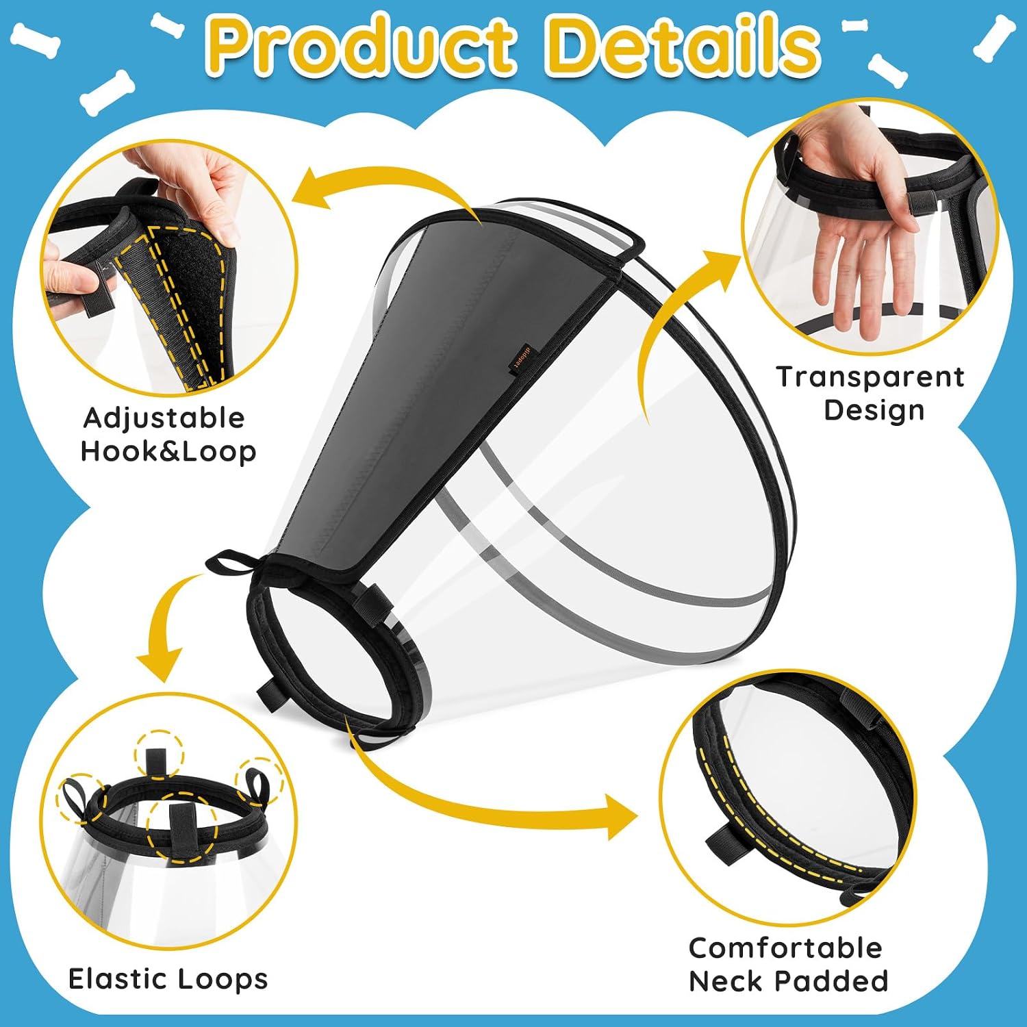 Adjustable pet Elizabethan collar with anti escape elastic loops