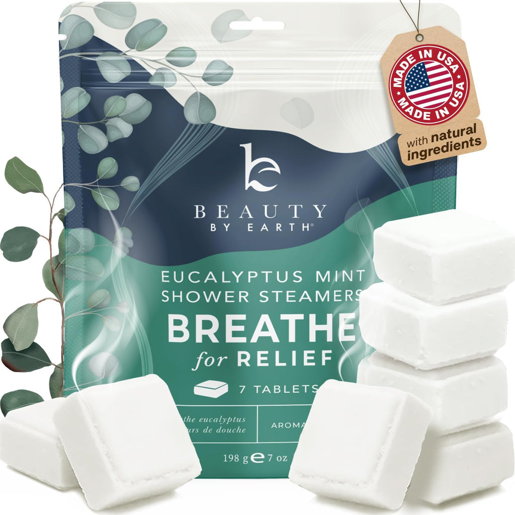 Beauty by Earth Eucalyptus Mint Shower Steamers packaging front view for aromatherapy benefits