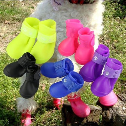 Dog wearing black anti-slip rubber rain booties