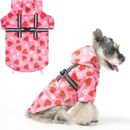 BEAUTYZOO dog raincoat hooded with harness built in pink front view
