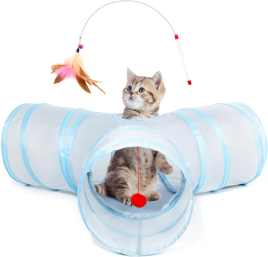 Tempcore Pet Cat Tunnel Tube Toys 3 Way Collapsible, Tunnels for Indoor Cats, Interactive Tube with Teaser Wand, Peek Holes & Hanging Ball, Black & Blue - Image 12