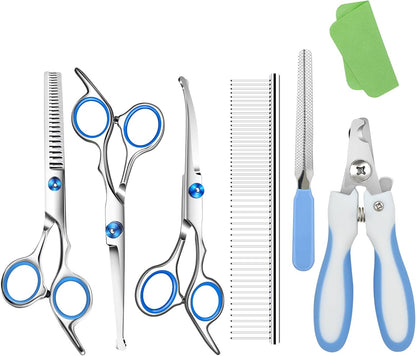 Wikdey imported pet shears kit on a clean grooming background.